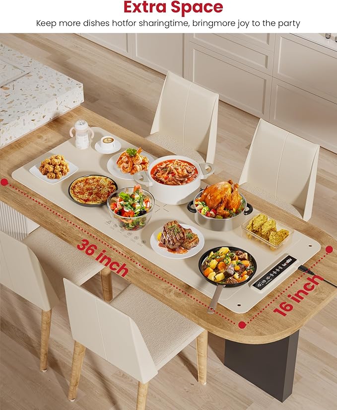 Extra Large Food Warming Mat for Countertop (XXL 36”x16”) - Full-Surface Heating Pad with 4 Temps Settings, Ideal for Buffet Party Food Warmer, Roll-Up Electric Warming Tray for All Gathering, Beige