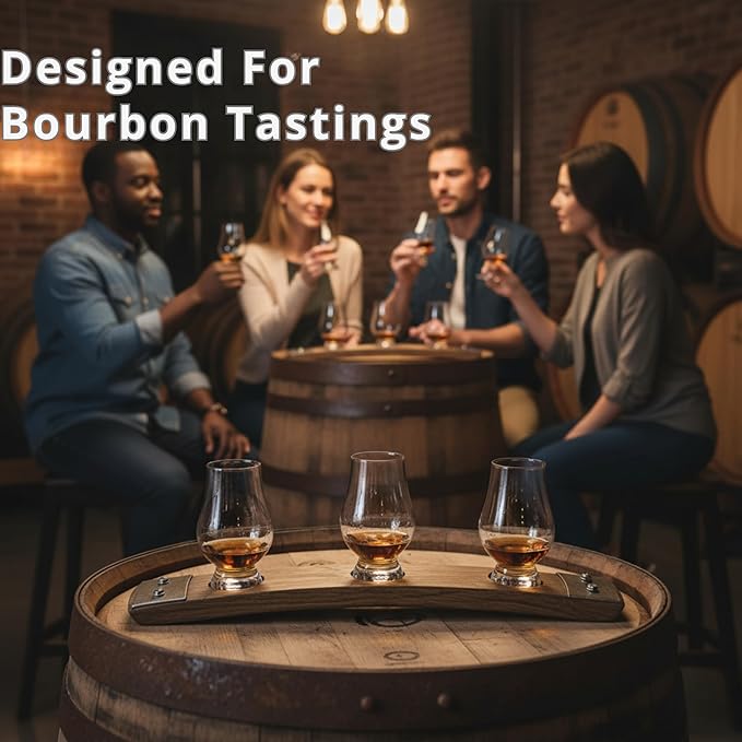Barrel Stave Premium 3 Glass Whiskey Flight Serving Tray with Glencairn Glasses, Dark Walnut