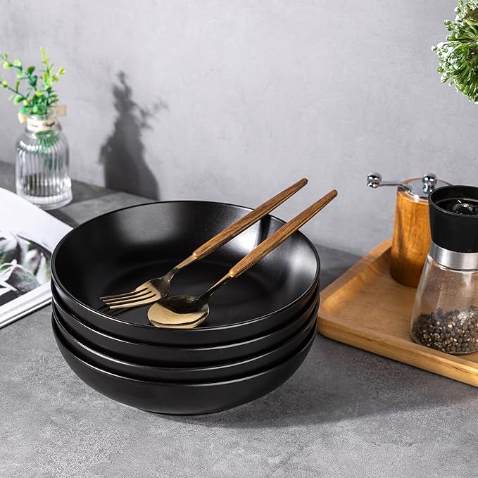 AmorArc 8.5 Inch Stoneware Pasta Bowls, 32oz Large Bowls Set of 4 for Kitchen, Wide Bowls for Pasta,Salad,Oatmeal, Microwave&Dishwasher Safe, Matte Black