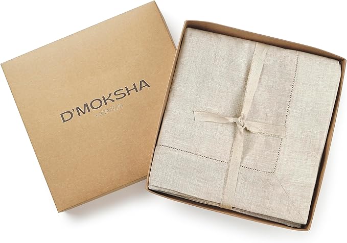 D'Moksha Homes Light Natural Linen Tablecloth 60 x 156 Inch - 100% Pure Linen Natural Tablecloth for Rectangle Tables - Classic Hemstitch, Machine Washable Table Cloth for Valentines, Spring, Easter