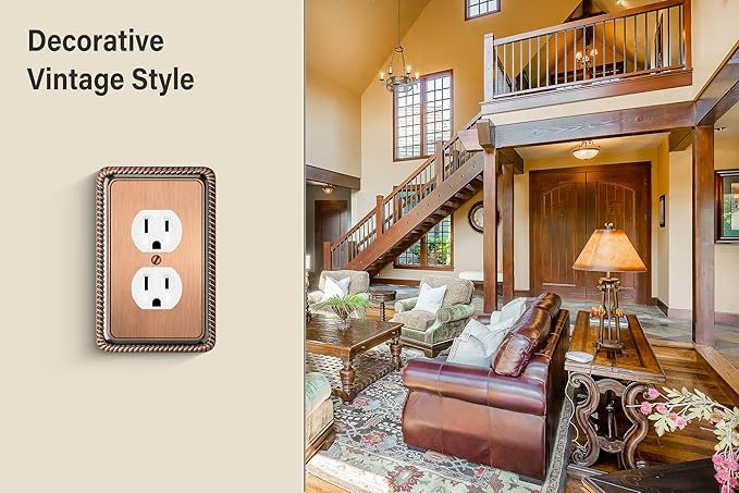 Henne Bery Rope Edge Decorative Wall Plate Switch Plate Outlet Cover (Single Duplex, 3 Pack, Antique Copper)