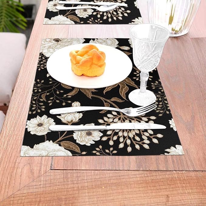 Placemats Set of 4 Vintage Peony Place Mats Beige Floral Leave Rustic Black Woven Table Mats Washable Beige Flower PVC Placemat for Dining Kitchen Decor Indoor Outdoor, 12 x 18 Inch