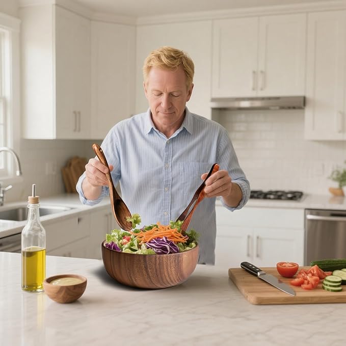 Salad Bowls, Wooden Salad Bowls Set, Large Acacia Wood Serving Bowl for Soup， Fruits，Popcorn，Big Salad Bowl with Serving Utensils（Includes a Spoon And a Pair Of Tongs.）