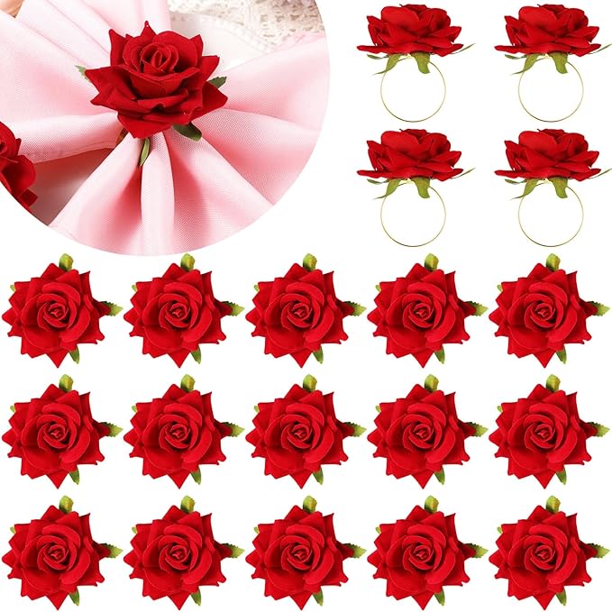 Honeydak 24 Set Valentine's Day Napkin Ring Rose Flower Metal Napkin Ring Designed with Rose Serviette Buckle for Valentine's Day Wedding Anniversary Party Dinner Table Decoration (Red)