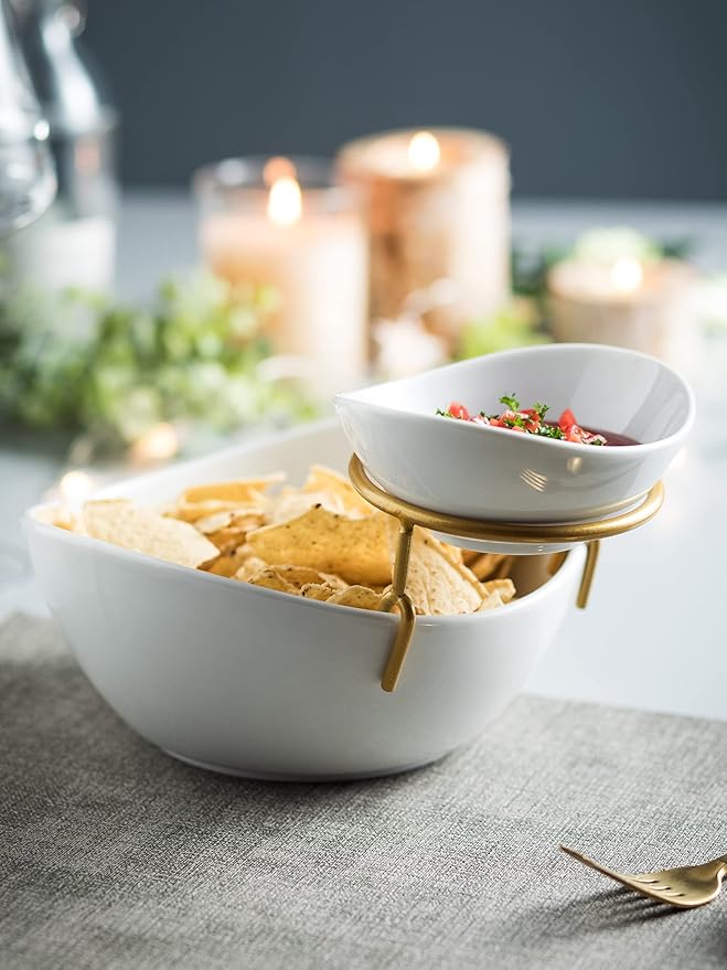 Porcelain Serving Bowl Set for Appetizer Serving Dishes Set with 2 Compartment, Chip and Dip Taco Rack Display Salad Bar Serving Set, Gold Stand