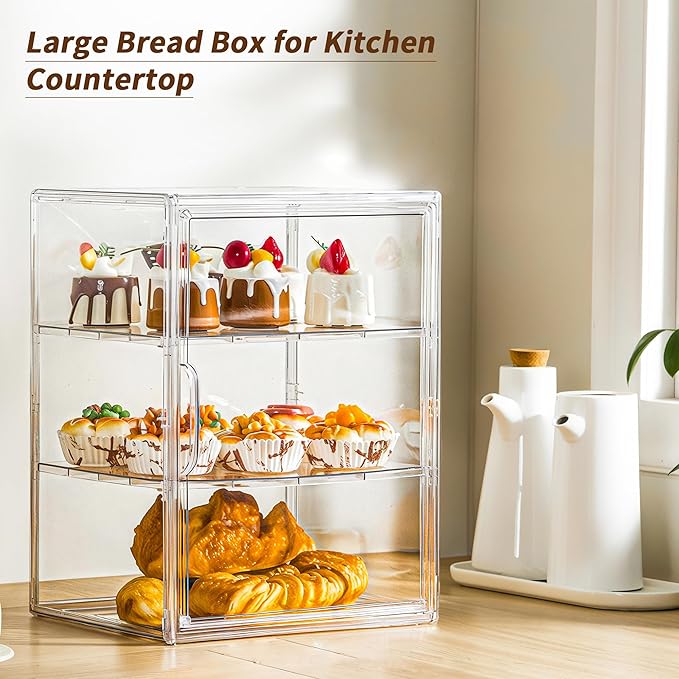 Attelite Pastry Display Case, Large Bread Box for Kitchen Countertop, 3 Layers Adjustable Clear Bread Storage with Magnetic Door, Bread Container for Bread, Bagel, Donut