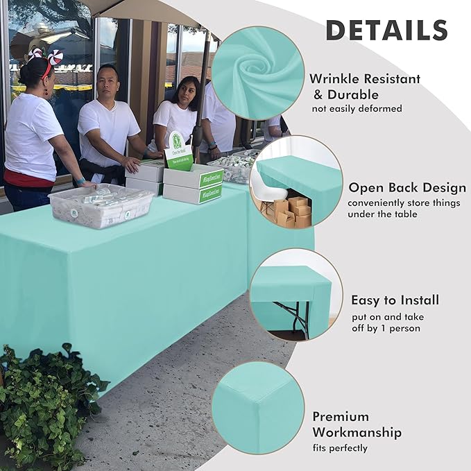 Nasitos 2 Pack Fitted Tablecloth for 4 Foot Tables-Aqua Open Back Folding Table Cover Washable and Wrinkle Resistant Table Cloth for Trade Show, Book Fair, Career Fair, Convention, Events