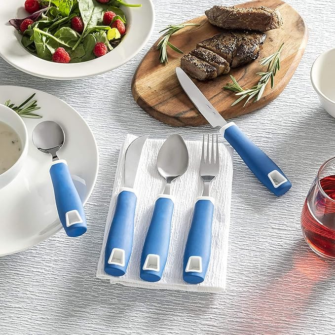 Special Supplies Adaptive Utensils 5-Piece Set Non-Weighted, Non-Slip Handles for Hand Tremors, Arthritis, Parkinson’s or Elderly Use - Stainless Steel Knife, Rocker Knife, Fork, Spoons - Blue