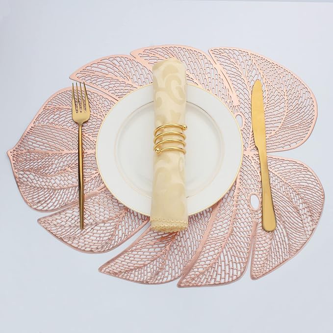Evevda Rose Gold Leaf Shaped Vinyl Placemats for Dinner Table Set of 8 Metallic Plastic Place Mats Wipeable 8Pcs Table Mats for Wedding Annersary Dinner Table Decoration Mats(17.7x13.8inch/45x35cm)…