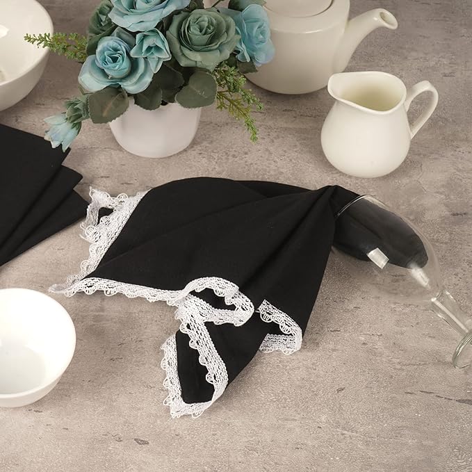 Fingercraft Dinner Cloth Napkin Cotton Linen Set of 12 Mitered Corners with Natural Elegant Lace for Everyday Use Napkins are Pre Shrunk and Good Absorbency with Lace 20x20 in Black