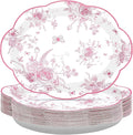 50Pcs Pink Floral Oval Paper Plates 10" x 12" Large Pink and White Floral Scalloped Plates Disposable Heavy Duty Vintage Flower Dessert Platters for Wedding Bridal Shower Decoration Tea Party Supplies