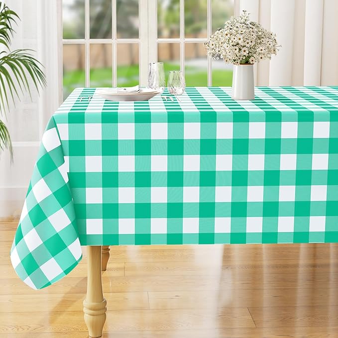 misaya Rectangle Waterproof Vinyl Table Cloth, Buffalo Flannel Backed Tablecloth, Wipeable Plastic Table Cover for Dinner, Kitchen, Outdoor (60" x 84", Green and White)