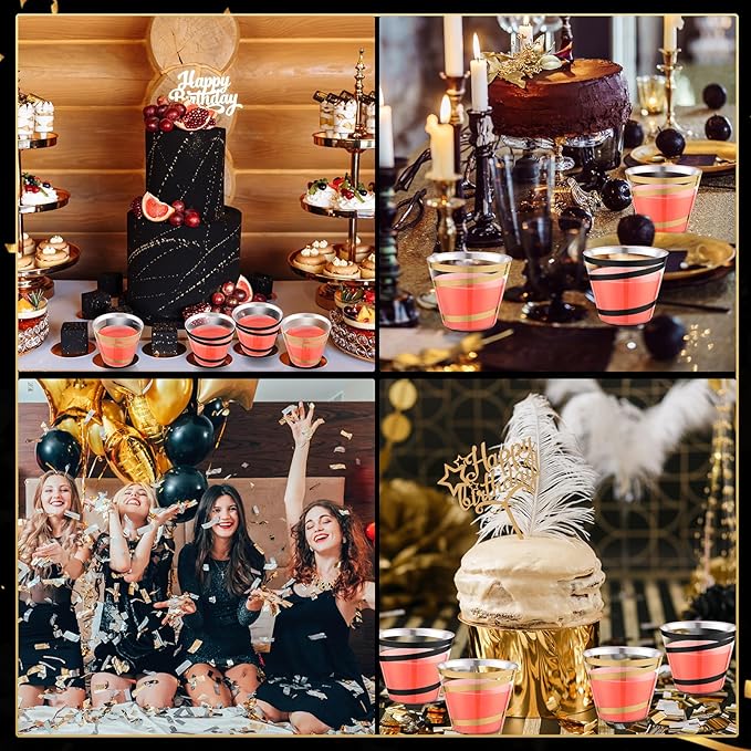 Gejoy 9 oz Rimmed Swirl Plastic Cups Disposable Wine Drinking Cups Clear Elegant Halloween Tumblers for Christmas Party Supplies(Black, Gold,200 Pcs)