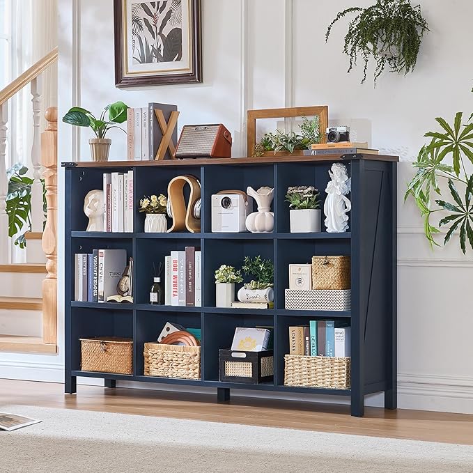 12 Cube Storage Organizer, Farmhouse 62 Inch Wide Navy Blue Display Bookshelf, Wooden 3 Tier Large Open Book Shelf, Vintage Bookcase for Home Office, Cubby Cabinet for Living Room, Bedroom