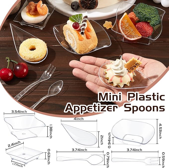 Tessco 800 Pcs Mini Appetizer Plates Set Including 400 Disposable Dessert Plates Assorted Shape 200 Mini Plastic Forks 200 Plastic Spoons for Party(Clear,Classic)