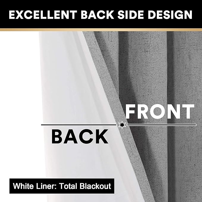 PrinceDeco Blackout Curtains for Bedroom 63 Inches Long 2 Panels Room Darkening Burlap Grommet Drapes for Living Room Thermal Insulated with White Liner Privacy Vertical Window Drapes,Light Grey
