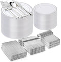 BESTVIP 600PCS Silver Plastic Plate Set (100 Guests), Disposable Plates for Party Wedding Birthday, Dinnerware Set of 200 Plastic Plates, 200 Forks, 100 Spoons, 100 Knives for Christmas