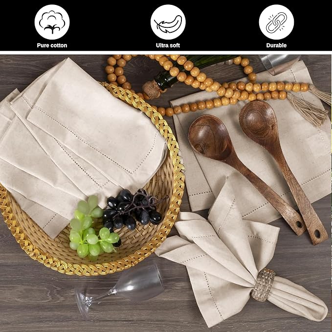 Bedding Craft Linen Flax Cotton Cloth Dinner Napkins Set of 12 – 20x20 Natural Hemstitched Fabric – Machine Washable Elegant Reusable Table Napkins for Weddings, Parties & Dining Décor
