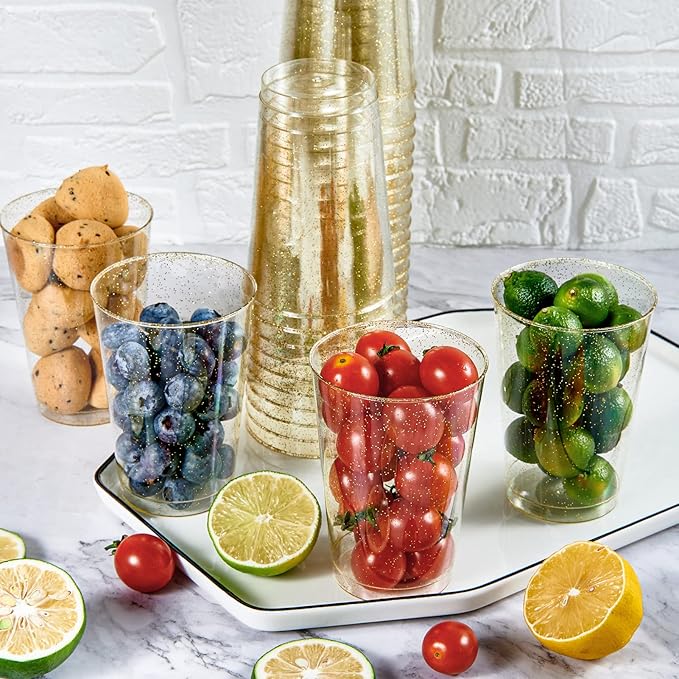 JOLLY CHEF 100 Pack 12 oz Gold Plastic Cups, Disposable Gold Cups, Heavy-duty Party Glasses for Wedding, Thanksgiving, Christmas Parties
