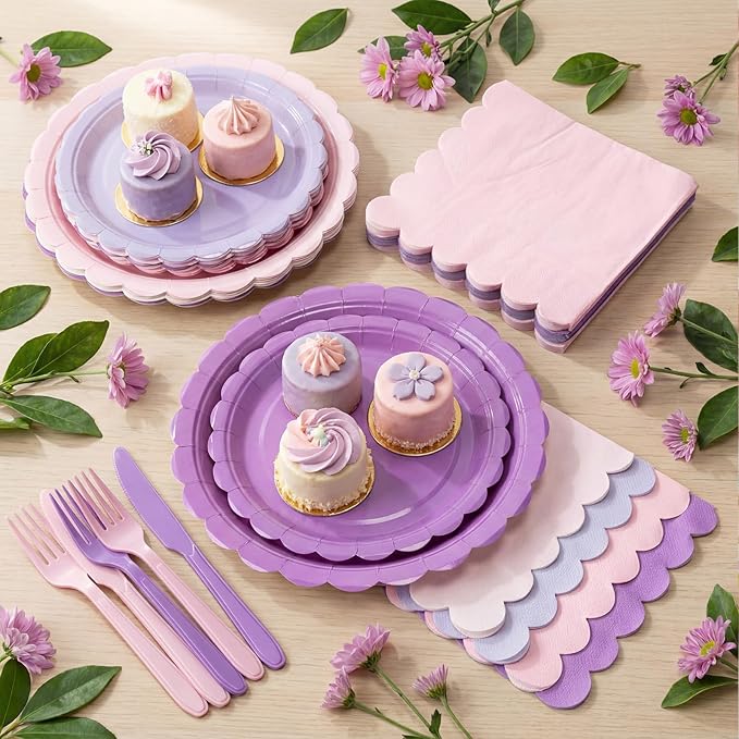 110 Pcs Pink Purple Plates and Napkins Tableware Set Serve 25 Guests Includes Scalloped 9" 7" Paper Dessert Dinner Plate Pastel Series Napkins for Spring Birthday Wedding Baby Shower Tea Party