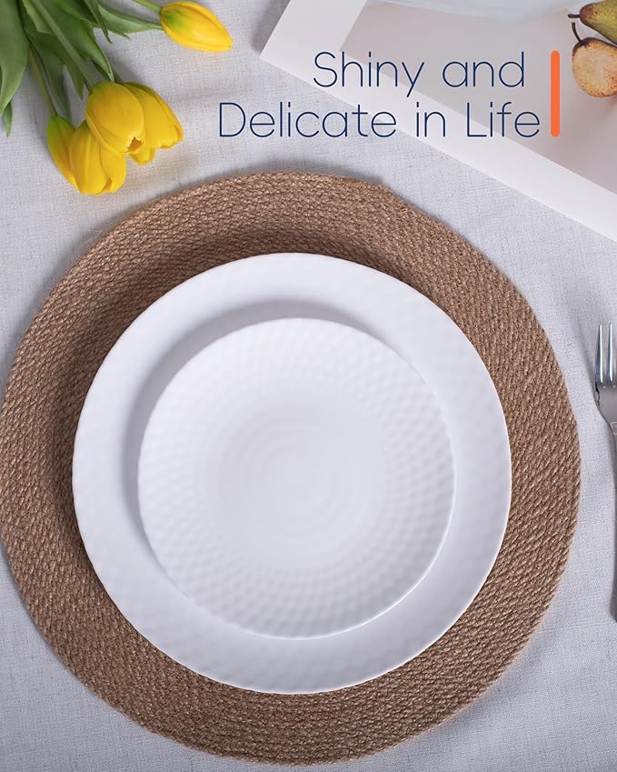 7.5 inch Appetizer Plate Set of 6, Opal Glass Round Geometric Faceted Small White Plates for Salad Dessert, Kitchen, Dishwasher and Microwave Safe