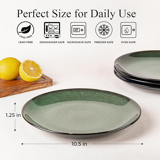 LERATIO Ceramic Dinner Plates Set of 6, 10.5 Inch Handmade Reactive Glaze Porcelain Plates, Coupe Shape Dinnerware Dishes Set for Kitchen,Oven& Microwave & Dishwasher Safe, Scratch Resistant-Green