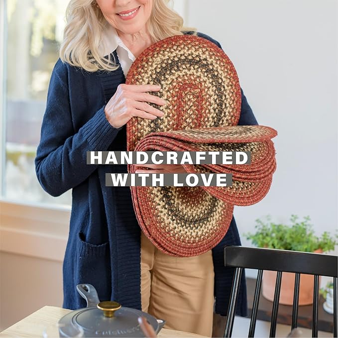Homespice Chester Jute Braided Oval Placemats, Warm Lodge and Cabin Decor, Set of 6, 13x19 Red Table Mats - Vibrant Colors, Durable, Easy to Clean and Protects Furniture