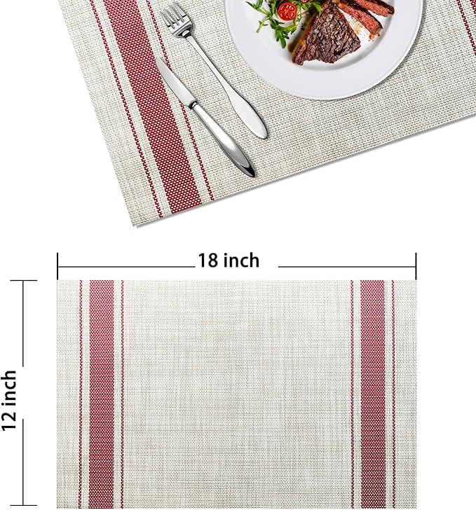 Placemats Set of 4 Vinyl Washable Red Stripe Placemats, 18"x12" Wipeable Heat-Resistant Non-Slip Easy Clean Table Mats Ideal for Dining Table Table Runner and Outdoor (4, Red Wide Stripe)