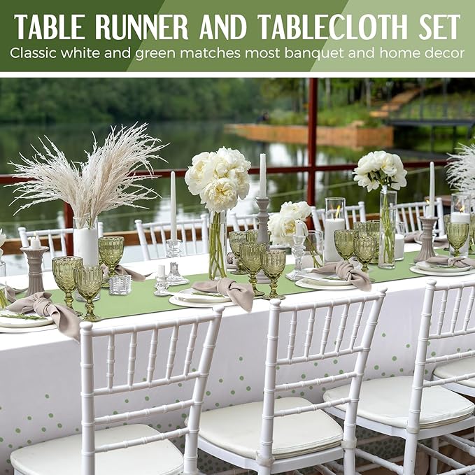 Breling 24 Pack White and Sage Green Disposable Plastic Tablecloths and Satin Table Runner Set, 54 x 108 Inch Tablecloth, 12 x 108 Inch Table Runners for Wedding Graduation Birthday Baby Shower