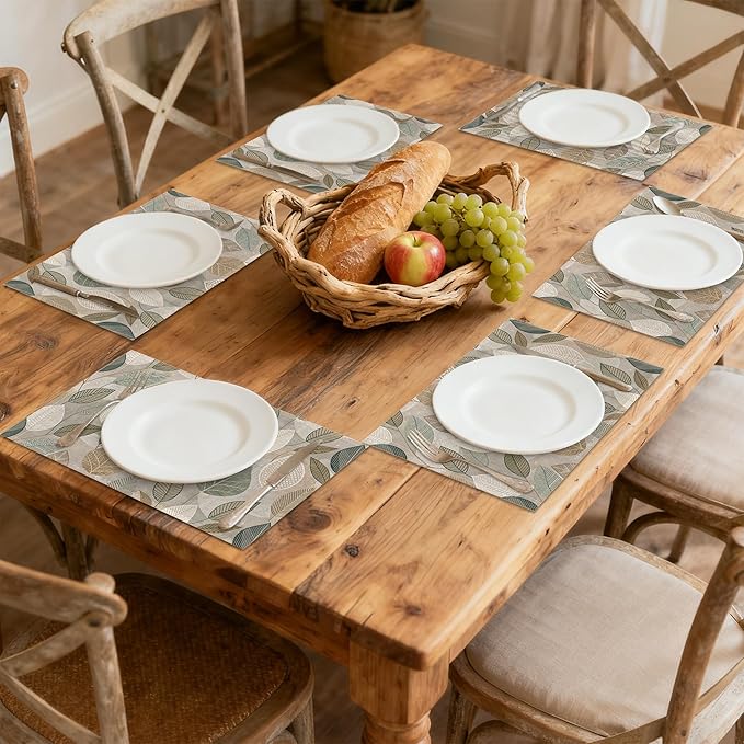 Boho Green Leaves Placemats Set of 6, Seasonal Summer Plastic Linen Washable for Christmas, Thanksgiving, Party, and Dining, Decorative Table Mats for 4-6 Person Table