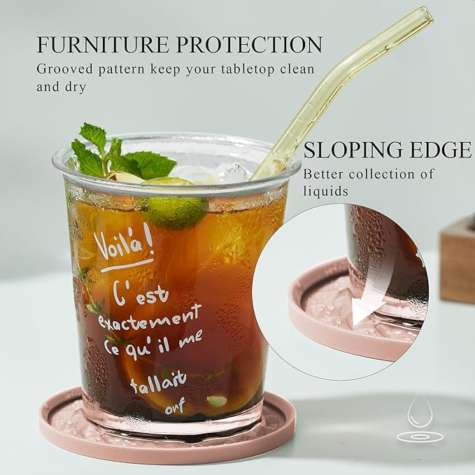 Silicone Coasters for Drinks[6 Pack]- Cup Mat with Holder for Tabletop Protection-Non-Slip, Non-Stick, Coffee Table Decor, Great Gift for Any Occasion, Pink