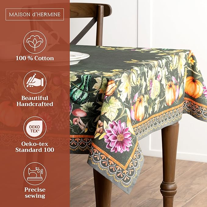 Maison d' Hermine Table Cloth Rectangle Table 100% Cotton 60 x 90 Inches Fall Tablecloth Reusable Everyday Use for Thanksgiving Christmas Decorations Dining Farmhouse (Pumpkin Garden - Dark Green)