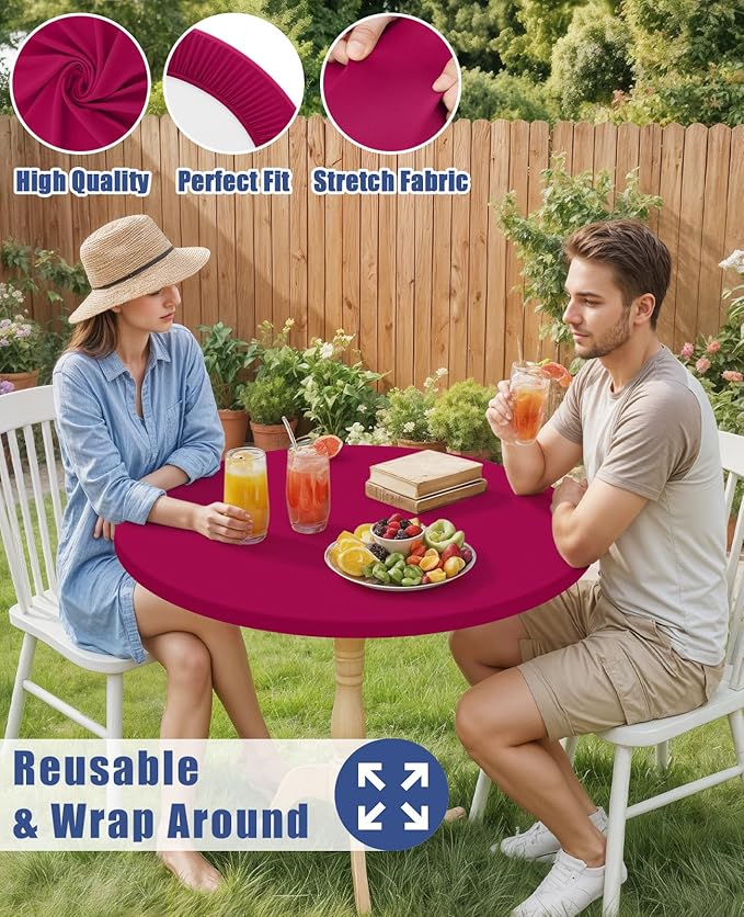 Round Spandex Tablecloth 2 Pack, Elastic Fitted Waterproof Tablecloths for 45"-56" Tables, Stretch Washable Picnic Table Cover for Camping, Dining, Indoor and Outdoor, Fuchsia