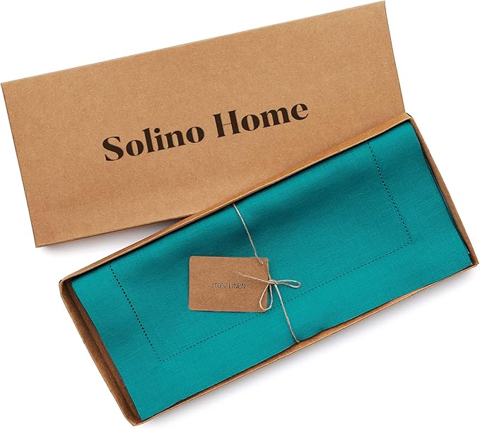 Solino Home Linen Teal Table Runner 72 Inches Long - 100% Pure Linen Hemstitch Table Runner 14 x 72 Inch for Dresser, Dining - Classic Hemstitch
