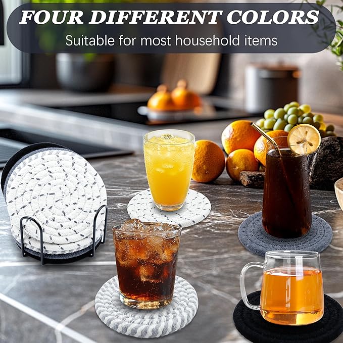 8 Pcs Drink Coasters with Holder, Minimalist Cotton Woven Coaster Set, 4 Colors Absorbent Coaster Protection Protection for Various Cups, Ideal for Coffee Tables and Home Decor Tabletop, 4.3 Inches