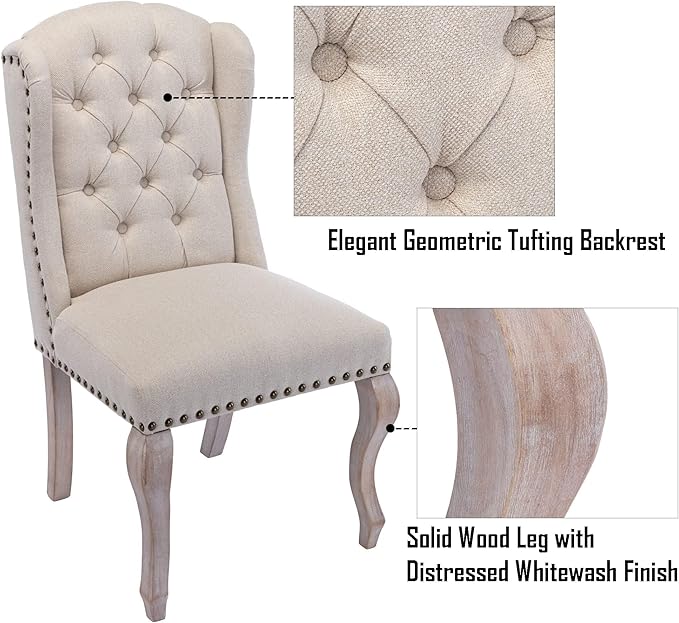 Linen Dining Chairs Set of 6, Farmhouse Dining Room Chairs with Tufted Wingback, Upholstered French Country Parsons Kitchen Chairs Side Accent Chair for Home/Restaurant, Cream