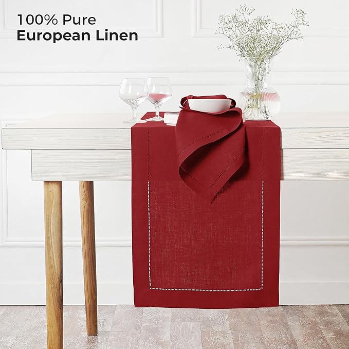 D'Moksha Homes Linen Red Table Runner 84 Inches Long - 100% Pure Linen Table Runner 14 x 84 Inch for Valentines, Spring - Classic Hemstitch