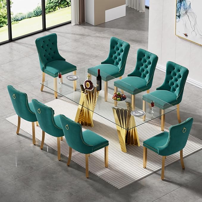 SSLine Modern 70" Glass Dining Table Set for 8, Rectangular, Green, Velvet Upholstered Chairs, 300 lbs Weight Capacity