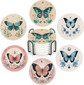 Coaster for Drinks Set of 6, Boho Butterfly Flower Absorbing Round Ceramic Stone Coaster with Cork Base,Tabletop Protection Mat for Mugs and Cups,Coffee Table Wine Glass Home Bar 4 Inch
