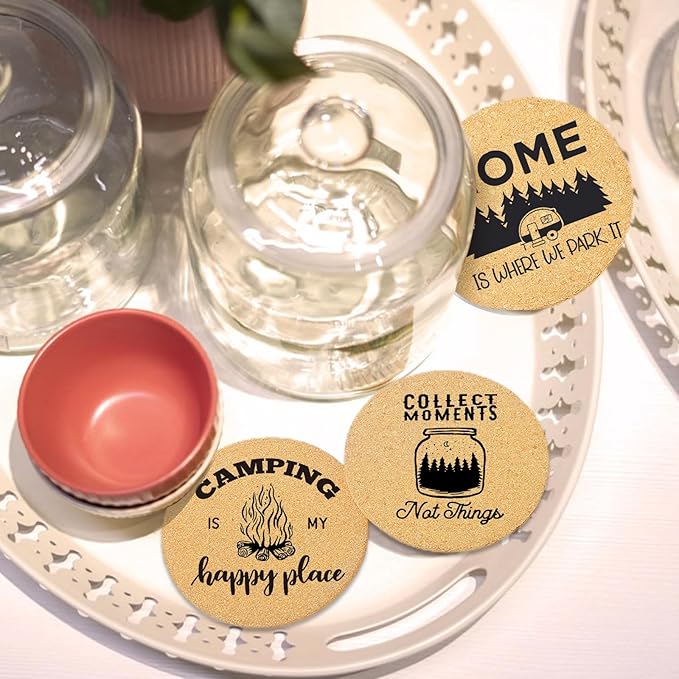 Coasters for Drinks with Holder Set of 6, Camping Coaster Absorbent Cork Wood for Cup Desk Office Table Kitchen Decor House Warming Gifts for New Home Couples, Round 4"