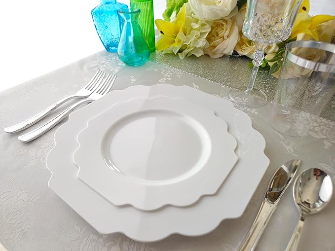 " OCCASIONS " 240 Plates Pack (120 Guests) Heavyweight Wedding Party Disposable Plastic Plates Set -120 x 10.5'' Dinner + 120 x 8'' Salad/Dessert Plate (Imperial White)