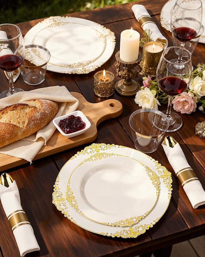 Nervure 100PCS Ivory Plastic Plates - 10.25inch Ivory and Gold Disposable Plates - Heavyweight Dinner Plate for Wedding & Party