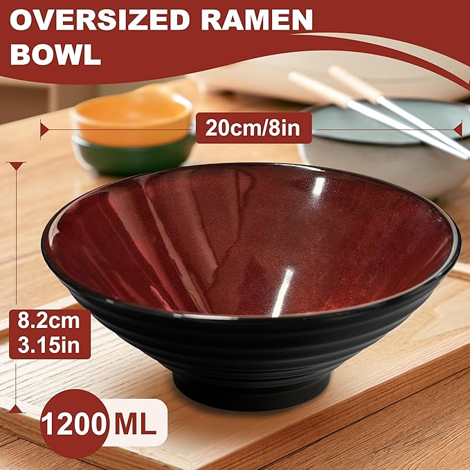 8-Inch 2 Sets Ceramic Ramen Bowl (8 Piece) - Japanese Porcelain Dishwasher Microwave Safe Salad Noodles Cereal Pasta Soup Large Bowls with Chopsticks Forks Spoons for Men Women Housewarming Gift