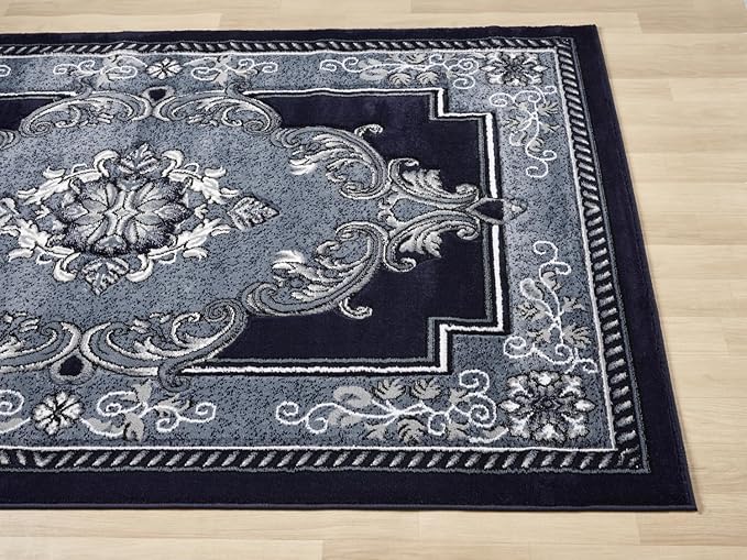 Modern 2x7 Navy Traditional Living Room Rug - Area Rugs for Living Room, Dining & Bedroom - Hand Carved Runner Carpet - Durable Polyester - Non-Fade, Stain-Resistant - Turkish Made