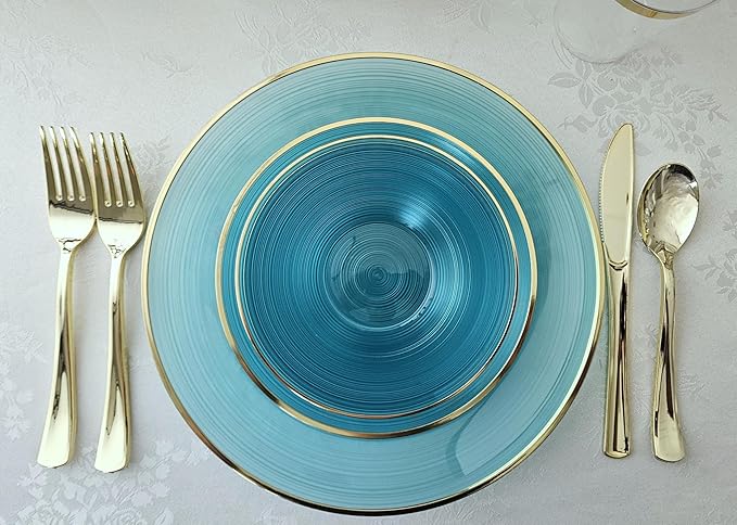 " OCCASIONS " 240 Plates Pack,(120 Guests) Premium Wedding Party Disposable Plastic Plates Set -120 x 10'' Dinner + 120 x 7'' Salad/Dessert (Belize, Aqua & Gold)