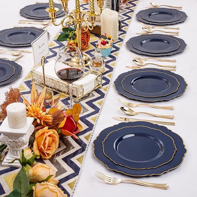 WDF 100pcs Blue Plastic Plates - Baroque Blue&Gold Disposable Plates for Parties/Wedding-50Plastic Dinner Plates 10.25in, 50Salad Plates 7.5in for Party/Birthday/Wedding