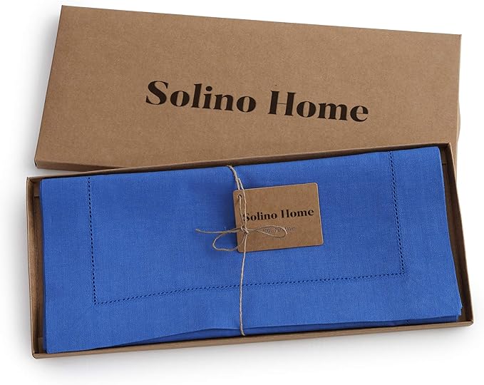 Solino Home Linen Royal Blue Table Runner 48 Inches - Classic Hemstitch, 100% Pure Linen Coffee Table Runner 14 x 48 Inch Ideal for Dresser Tables, Spring