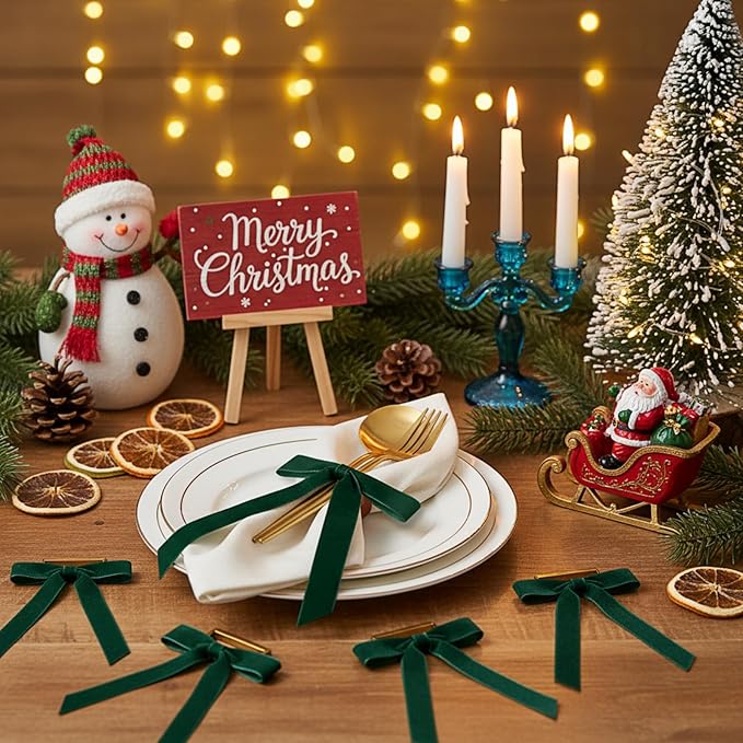 Riceshoot Velvet Bow Napkin Rings Bows with Gold Semicircle Metal Napkin Ring Velvet Bow Holder for Wine Bottles Table Settings Candlestick Wedding Valentine's Day Dinner(Green,6 Pcs)