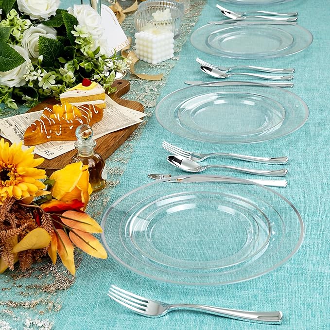 I00000 60PCS Clear and Silver Disposable Plates,Clear Plates with Silver Rim 7 Inch,Heavy Duty Plastic for Wedding Birthdays Party