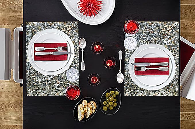 Silver Heat Resistant Square Placemats - Set of 4 with Rhinestone Decor and Sparkly Bling